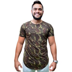 Camisa Longline Oversized Com Ziper Camuflada Exército